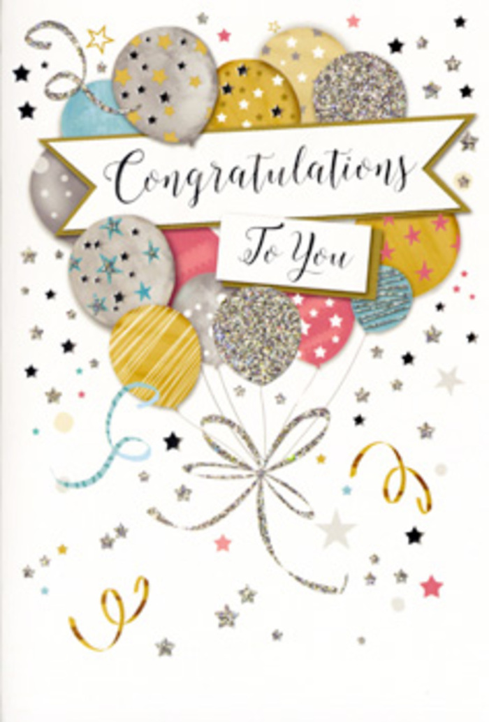 In this image, a congratulations card is shown in close view, its design echoing the easy, friendly charm of West Norwood celebrations. At the centre, a generous bunch of illustrated balloons gathers like an airy bouquet, hovering against a soft, neutral background. The balloons are painted in a palette of champagne gold, brushed silver, warm beige, powder blue, rose pink, and smoky grey, each one subtly shaded to create depth and a gentle sheen, as if catching evening light through a window overlooking Norwood Park. Some of the balloons glimmer with tiny star motifs, others with slim stripes or delicate, glitter-style clusters, adding a sense of texture and sparkle without overwhelming the eye. From the base of the cluster, fine ribbons and strings in metallic gold and silver trail gracefully downwards, curling and looping with the same care a florist might take when finishing the bow on a hand-tied bouquet from Flowers West Norwood. Scattered around the balloons, stylised stars, dots, and swirling flourishes drift freely, hinting at confetti suspended in mid-air. Across the centre of the composition runs an unfurled banner, softly curved and lightly shadowed to give a subtle three-dimensional impression. On this banner, the words Congratulations To You are written in flowing, elegant calligraphy, each letter carefully shaped to feel both celebratory and sincere. The card's overall mood is bright but composed, like a well-planned gathering of friends after good news. It feels especially fitting for pairing with flowers to mark exam success, work promotions, or personal milestones for someone living in or around the West Norwood community.