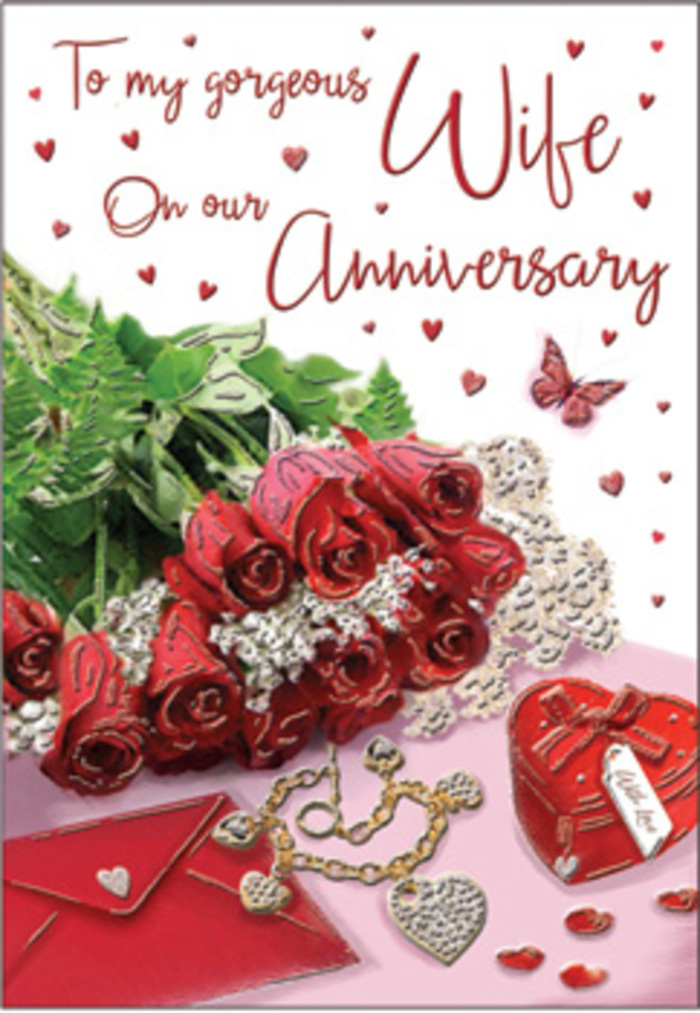 This richly detailed anniversary card artwork is arranged like a treasured memory set down on a table in West Norwood. In the foreground, a bouquet of classic red roses commands attention, each bloom fully unfurled with velvety, layered petals that create a luxurious, almost plush texture. The roses are gathered with lush green foliage, their rich colour amplified by the contrast of the surrounding leaves, much like the vibrant borders seen in gardens off Leigham Vale. Delicate heart motifs and whisper-thin lace-like patterns are woven into the background, catching the light and introducing a sense of refinement, as though the card itself has been carefully kept in a special box. Nearby, a jewellery set glints softly-perhaps a pendant and earrings-alongside a vivid red box whose surface shines in the same tones as the roses. An envelope lies within the scene, slightly turned, hinting that a personal anniversary message rests inside. The textures of velvet-like petals, smooth metal, and soft paper work together to create a tactile impression, even without touch. Warm, ambient lighting bathes everything, echoing the glow of early evening along the residential streets of West Norwood, and accentuating the gold and crimson notes in the composition. The overall mood is tender and nostalgic, yet confidently romantic, capturing the feeling of gifts exchanged over years of shared life. It feels like the kind of thoughtful card one might pair with a hand-tied anniversary bouquet ordered for delivery to homes across West Norwood and nearby neighbourhoods.