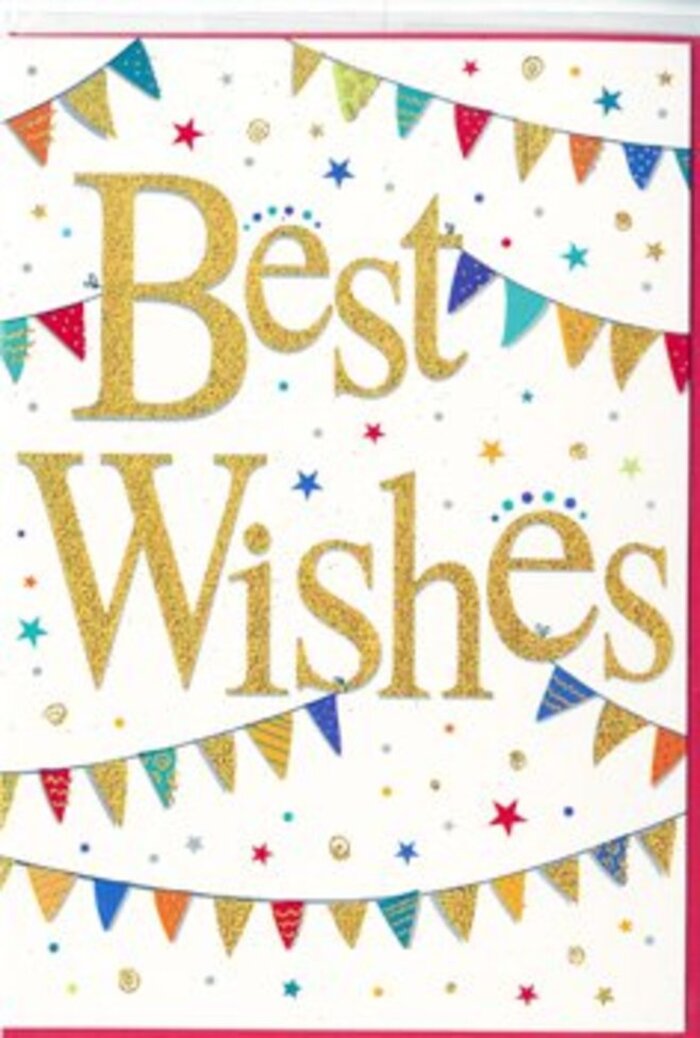 This Best Wishes card radiates the kind of warm excitement that might accompany good news shared in West Norwood on a sunny afternoon. At its heart, the phrase Best Wishes is written in large, flourishing script, the letters crafted from shimmering gold that gleams against the fresh white background. The gold finish appears slightly textured, perhaps a fine glitter or foil embossing, giving the message a tangible richness that suggests care and intention, much like a hand-tied bouquet prepared by an attentive florist. Framing this central message, arcs of festive bunting sweep gracefully across the top and bottom of the card, mimicking the playful curve of banners strung between lampposts along Knights Hill for a local celebration. Each tiny triangular pennant is flooded with vibrant colour-striking reds, ocean blues, bright grassy greens, lemony yellows, and soft pinks-and adorned with classic party patterns, from neat polka dots to slender stripes and small geometric repeats. These varied designs make each flag feel unique yet harmoniously part of the same joyful set. Between the bands of bunting, sprinklings of miniature starbursts and circular confetti dots drift across the otherwise open white space, as if captured in the middle of a joyful toss of confetti. The composition feels lively without being overwhelming, its clean layout and elegant gold lettering grounding the playful elements. This card would be fitting for almost any happy milestone: congratulating someone on exam results, celebrating a new home just off Norwood Road, or wishing a loved one courage and success in a new chapter. Its upbeat design and sincere message seem perfectly suited to accompany a bright bouquet delivered across West Norwood, bringing not only colour but also heartfelt encouragement to the recipient.