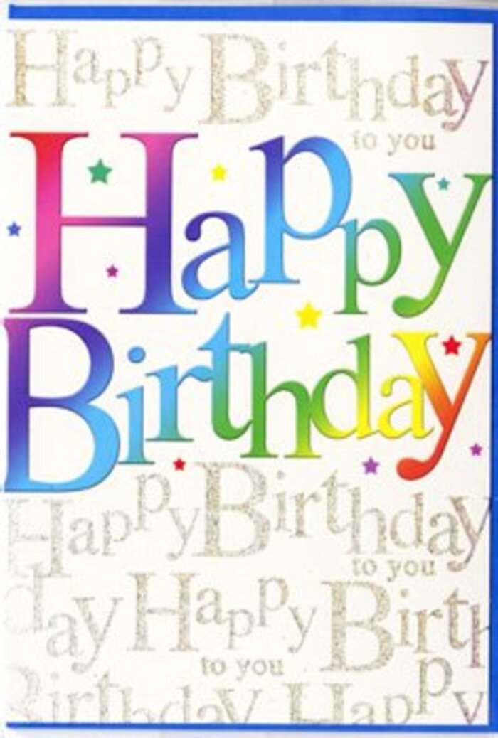 In this image, a birthday card takes centre stage, its design turning a simple rectangle of card into a vivid expression of celebration, much like a bright bouquet placed in a West Norwood café window. The words Happy Birthday run confidently across the middle in large, inviting letters, each one wrapped in a progressive sweep of colour that moves like a gentle rainbow from one end to the other. Deep reds and berry pinks transition softly into glowing oranges and lemon yellows, then into cool greens and tranquil blues, before fading into lilac and soft violet tones, recalling the varied hues of fresh blooms on market day near Norwood Road. The gradient is smooth and continuous, with a subtle lustre that suggests the ink sits richly on a substantial, smooth card surface. Behind this joyful heading, the entire background is patterned with the phrase Happy Birthday to you written over and over in delicate gold script. The letters are fine and looping, as though carefully penned by hand, creating an elegant layer of texture that shimmers when the light touches it, like sunlight catching on raindrops along the pavements of West Norwood. Tiny starbursts and flecks of colour float here and there across the front, echoing the feel of confetti drifting to the ground after a birthday toast. The overall palette is bright but harmonious, set against a light, neutral backdrop that keeps the focus on the rainbow lettering and golden calligraphy. This card feels both fun and refined, perfectly suited to accompany a thoughtfully arranged birthday bouquet, ready for delivery to a doorstep or party venue in the local neighbourhood.