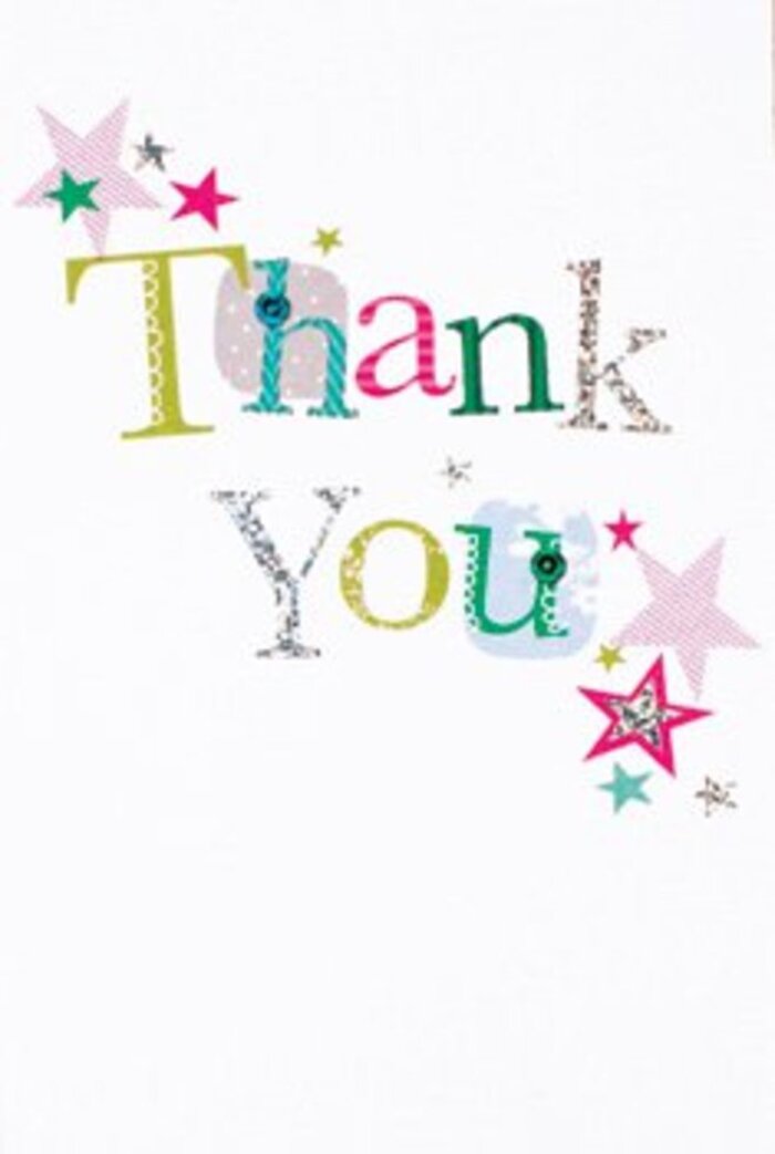 The flowing, artful arrangement of letters on this thank you card brings to mind West Norwood's creative spirit and welcoming neighbourhoods. Each letter is unique-some dotted and gently curved, others with graceful lines tipped in silver-embodying both fun and style, much like the mix of shops and galleries along Knights Hill. Around the message, clusters of stars in sparkling pink, turquoise, and silvery white bring a sense of celebration, reminiscent of gatherings at Norwood Park or casual meetups at the local café. The composition is light, modern, and spacious, with the pure white background giving centre stage to every colour and flourish. This card strikes a balance: not too formal, not too informal, but perfectly poised to reflect gratitude that's both uplifting and heartfelt. It's easy to imagine this card accompanying a seasonal bouquet-warm, sincere, and tailored for West Norwood's friendly community, leaving a memorable impression of thanks.