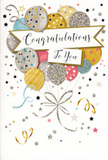 This image features a joyful congratulations card that feels as if it could have been chosen from a display beside fresh bouquets in a West Norwood florist. The central focus is a lively arrangement of illustrated balloons, clustered together like a weightless bouquet held just above the card. The balloons overlap in soft, complementary shades of gold, silver, champagne, sky blue, rosy pink, and cool grey, all gently shaded to give a sense of rounded volume and a subtle, satiny shine. Each balloon has its own personality-some dusted with tiny metallic stars, others wrapped in slender stripes or scattered with glitter-like dots that suggest a light-catching texture. Thin ribbons and strings, drawn in fluid lines of gold and silver, cascade from the bottom of the cluster, curling gracefully as they descend and uniting at a loose knot, echoing the gathered stems of a freshly tied bouquet delivered along Norwood Road. Surrounding the balloons, small stars, confetti-like specks, and sweeping curls of ink drift across a calm, pale backdrop, evoking the floating, festive feel of a party in a cosy West Norwood home. Through the middle of the design, a soft banner stretches horizontally, carrying the phrase Congratulations To You in polished, looping script. The typography is refined but warm, adding an air of thoughtfulness to the playful imagery. Together, these elements create a mood of genuine delight and quiet pride, ideal for acknowledging new beginnings, exam results, promotions, or personal victories. It is the kind of card that pairs beautifully with flowers, offering a heartfelt message to someone celebrating in this vibrant south London neighbourhood.