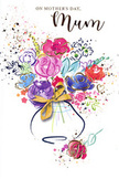 This Mother's Day card showcases a charming, watercolour bouquet that seems to capture affection in every brushstroke. Large, rounded roses in vivid pink and deep magenta form the heart of the arrangement, their petals suggested through sweeping strokes that blend colour rather than sharply outline each fold. Nestled among them are softer blossoms in cool blue and delicate lavender, providing a peaceful contrast that feels as calming as an early stroll through the quieter streets of West Norwood. Fine, shimmering lines of gold arc over petals and curve along leaves, adding tiny highlights that sparkle against the clean white background, like sunlight skimming the surface of freshly cut flowers. The bouquet rests in a simple, gracefully curved vase towards the bottom of the card, painted with gentle, translucent washes and encircled with the impression of a ribbon band touched with gold, recalling the finishing touches on a carefully prepared hand-tied arrangement. Around the main cluster of blooms, small splashes, dots, and stray strokes of paint scatter outward, mimicking the effect of petals or confetti floating through the air and giving the artwork a sense of celebration and movement. The whole image feels light, hopeful, and full of warmth-a visual echo of the moment you hand your mum a bouquet and see her smile. It is the sort of card a local florist in West Norwood might choose to accompany a spring delivery, quietly reinforcing a message of love, gratitude, and lasting connection between parent and child.