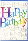 The photograph showcases a festive birthday card standing upright, its design bursting with colour and charm in a way that feels right at home in West Norwood's lively community. Across the front, the words Happy Birthday are printed in big, rounded letters that seem to gently lift from the page, each one filled with a smooth rainbow wash that runs from deep cherry red and raspberry pink into warm orange, lemon yellow, grassy green, ocean blue, and soft lilac. The transition between colours is seamless, giving a fluid, painterly effect similar to the blended tones of a mixed birthday bouquet carried along Norwood High Street. The surface of the lettering has a slight sheen, hinting at quality print on smooth card, catching ambient daylight in soft highlights. Layered behind this main message, the background is adorned with a continuous pattern of Happy Birthday to you repeated in slender, cursive gold script, winding in delicate loops that look as if they were written with a fine metallic ink pen. The gold text glimmers subtly, adding a sophisticated sparkle, like the warm lights that glow in local shop windows as evening falls. Small star-shaped accents and scattered dots of colour dance across the design, giving it a gentle confetti effect that enhances the sense of celebration without crowding the layout. The card feels optimistic, modern, and warmly personal, the kind of greeting you would happily pair with a fresh floral arrangement from Flowers West Norwood for hand-delivery to a birthday gathering on the neighbouring streets.