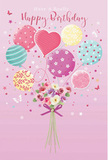 This birthday-themed artwork captures a scene where balloons and flowers seem to share the same breath of joyful air, rising lightly from a soft pink background. At the top, a cluster of pastel balloons floats upward, adorned with charming patterns that feel almost hand-painted: twisting ribbons in rose, teal, and lemon, neat polka dots, and softly swirled motifs. At the centre, a heart-shaped balloon glows a gentle pink, anchoring the ensemble with a touch of affection. Just below, a hand-tied bouquet gathers petite roses and anemone-like blossoms in creamy ivory, blush pink, and subdued mauve. The petals are depicted with delicate shading and subtle highlights, suggesting velvety texture and the slight curl of fresh blooms, as though freshly arranged for a birthday surprise along the streets near West Norwood's library. A violet satin bow secures the stems, its sheen reflecting the same soft light that glistens across the balloons. Tiny butterflies and scattered star details float around the arrangement like confetti caught in a mild breeze over local gardens. The overall lighting is gentle and diffused, enhancing the pastel tones and creating soft shadows that add depth without overpowering the composition. The feeling is one of calm yet unmistakable celebration, like opening the door to find a perfectly timed delivery of balloons and flowers. It's a visual expression of birthday cheer that blends playful colour, tender floral beauty, and a hint of West Norwood's relaxed, neighbourly charm into a single, uplifting image.