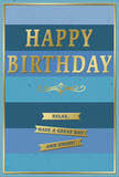 This stylish birthday card, as serene as a quiet corner of West Norwood, pairs a soothing spectrum of blues with refined golden details. The background consists of wide horizontal stripes, each band a slightly different shade of blue, starting with deep navy at the top and gradually lightening through ocean, teal, and soft sky blue toward the bottom. The effect is gently calming, like looking up into a clear sky from Norwood Park. In the middle of the card, the greeting HAPPY BIRTHDAY is stamped in large, embossed gold capitals, the metallic finish subtly reflective so that each letter glimmers when it catches the light. The raised texture suggests a cool, smooth feel under the fingers, conveying a sense of craftsmanship and care. Directly underneath the central phrase, a graceful golden flourish stretches across the width, its curling lines adding a touch of classical elegance, similar to decorative scrollwork you might spot on older buildings along Norwood Road. Below, three slim gold banners are arranged in a neat stack, each ribbon bearing a simple, heartfelt message: Relax, have a great day and enjoy! Together, the words encourage an unhurried, restorative kind of birthday, filled with small pleasures and quiet moments. A fine gold border frames the entire card, subtly pulling the blues and metallics into a cohesive whole. The card stock appears smooth, weighty, and mostly matte, providing a soft backdrop that lets the gold details shine. Imagined placed beside a vase of fresh birthday blooms delivered locally in West Norwood, this card projects gentle celebration, warmth, and a wish for the recipient to feel truly at ease on their special day.