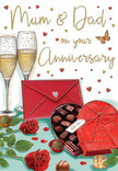 This anniversary card illustration tells a gentle story of lasting love, composed like a scene from a cherished West Norwood home on a special evening. At the centre, two slim champagne flutes rise gracefully, filled with luminous golden fizz that glows as though lit by candlelight. Fine streams of bubbles drift upwards, frozen in motion, suggesting the instant just before glasses touch for a celebratory toast to Mum & Dad. The glass is finely drawn, with subtle highlights along the stems and rims that lend a sense of elegance and care. In front of the flutes sits a heart-shaped box of chocolates, its deep red casing richly shaded and crowned with a generous, flowing satin bow. The lid is partially open, revealing rows of polished chocolates cradled in neat paper cups, every piece inviting and carefully placed, evoking the comfort of a favourite treat picked up from a shop near West Norwood station. To one side, two velvety red roses rest amid dark green leaves, their petals full and layered, with hints of shadow between each curl, much like freshly cut flowers arranged by a skilled local florist. A bright scarlet envelope lies close by, sealed and slightly angled, implying a handwritten message brimming with gratitude, memories, and promises for the years ahead. Scattered around the composition are tiny gold and crimson hearts, drifting like soft confetti and filling the space with romance and warmth. The overall mood is intimate and joyful, echoing the kind of heartfelt anniversary celebration that might unfold quietly in West Norwood, where familiar surroundings, favourite flavours, and cherished flowers come together to honour a life shared.